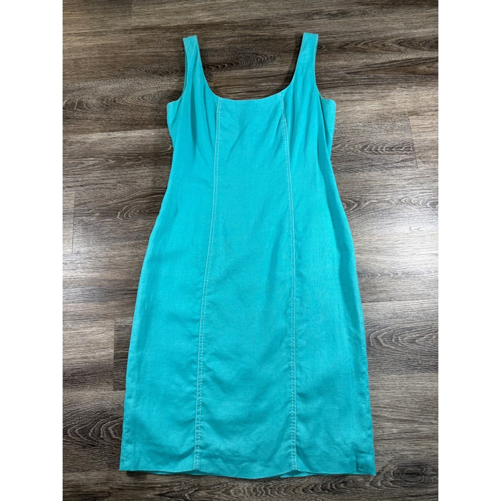 Liz Claiborne 100% Linen Turquoise Blue Sheath Dress Contrast Stitch Women Sz: 8